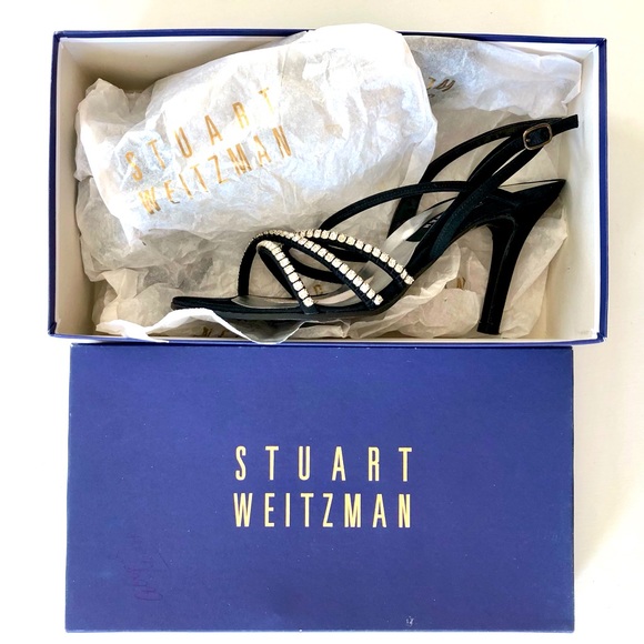 Stuart Weitzman Black silk peau de soie  rhinestone strap 4"heel sandals 8 1/2 M - Picture 7 of 15